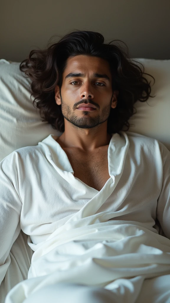 man long curly hair muscle short beard bed naked dick