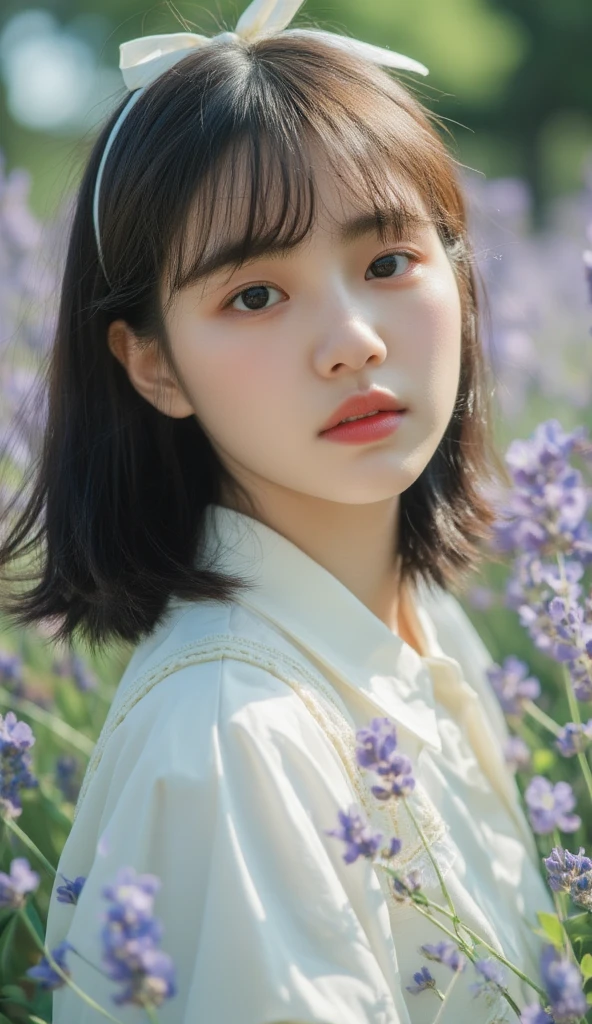 A 15-year-old girl with short black hair, bangs, long dark hair, wearing a white embroidered sleeveless dress and a white ribbon bow on her hair, stands among purple lavender flowers. This image captures a soft, natural outdoor portrait, focusing on delicate details and bright but calm tones. 8k