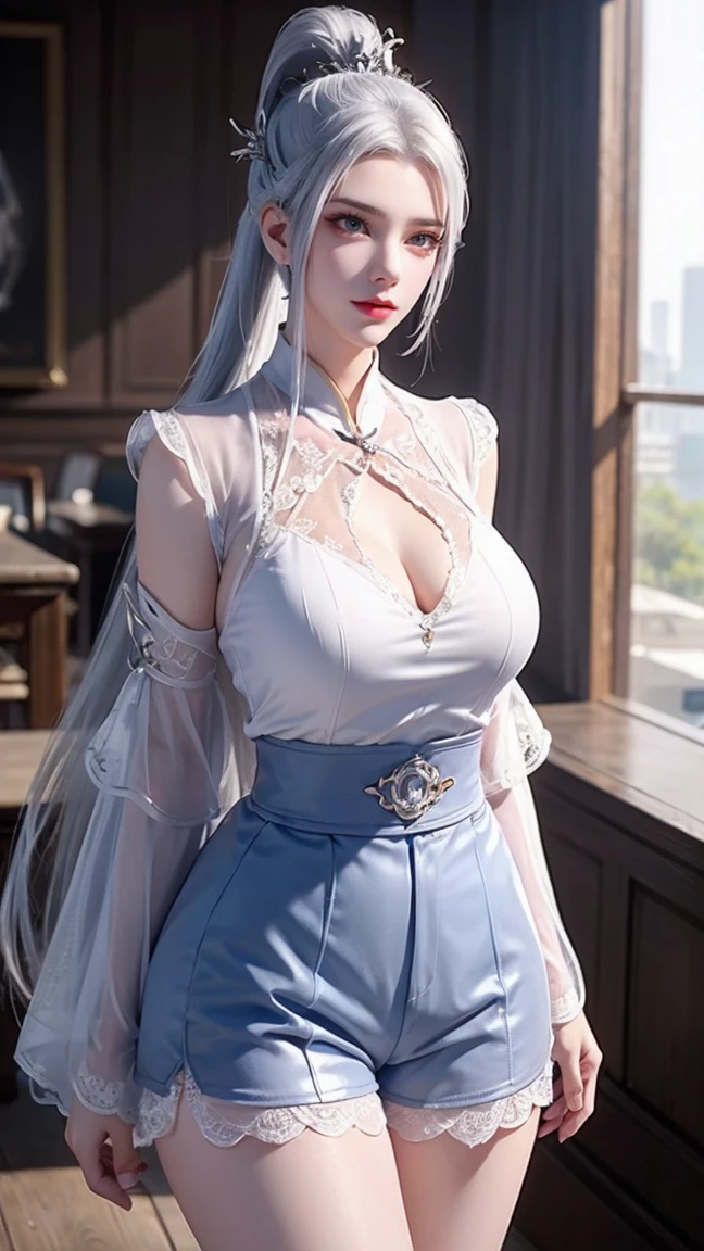 (masterpiece, best quality:1.2), cowboy shot, solo, 1girl, sheryl nome, smile, closed mouth, looking at viewer, strapless dress, corset, layered skirt, thighhighs, bare shoulders, indoor, gigantic breast , silver shinny dress