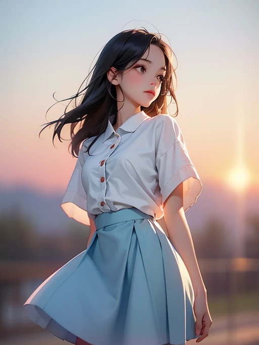 female, young adult,  look into the distant sky ,  looks up,Look Up,nostalgic expression , behind your back,blouse, skirt, cowboy shot, side shot,Sunset light, no background,White background,watercolor,soft surface, soft lines, nostalgic atmosphere,Strongly blur the surroundings