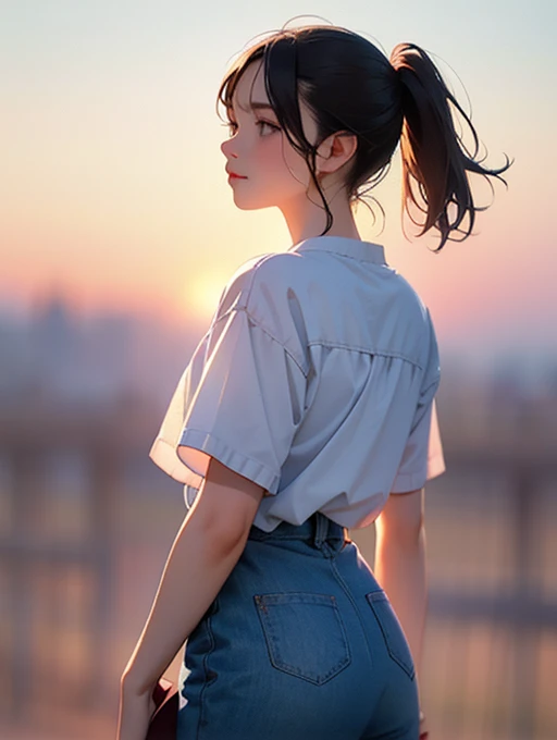 female, young adult,  look into the distant sky ,  looks up,Look Up,nostalgic expression , behind your back,blouse, skirt, cowboy shot, side shot,Sunset light, no background,White background,watercolor,soft surface, soft lines, nostalgic atmosphere,Strongly blur the surroundings