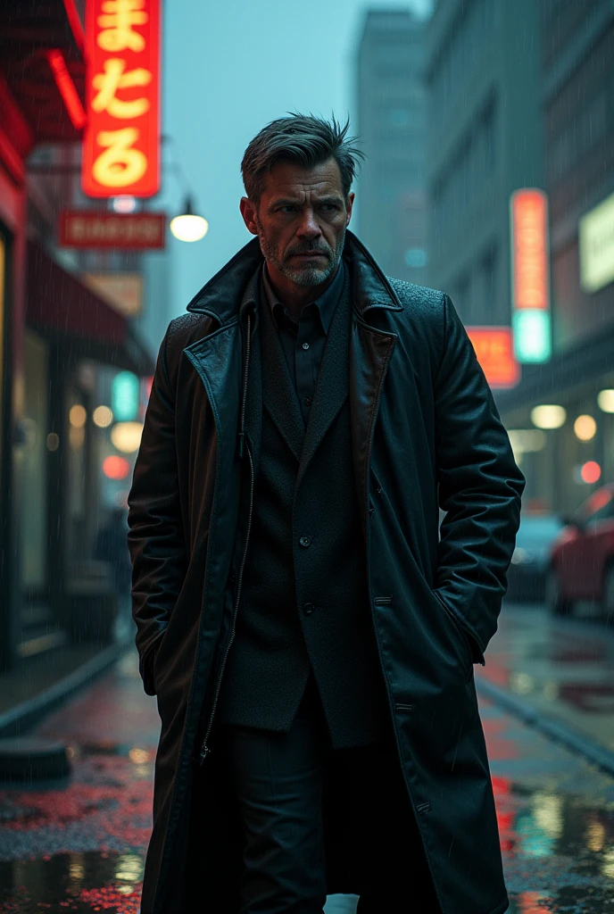 masterpiece, high detail, trending on artstation, realistic, detailed face, overall, a photo of a cyberpunk private detective, old man, dark hair, dirty, drone, Blade Runner city, neo lights, dark, rain, night, RAW, canon r6, wide shot, sharp, blurry background, rule of thirds, dramatic lights, dark shadows