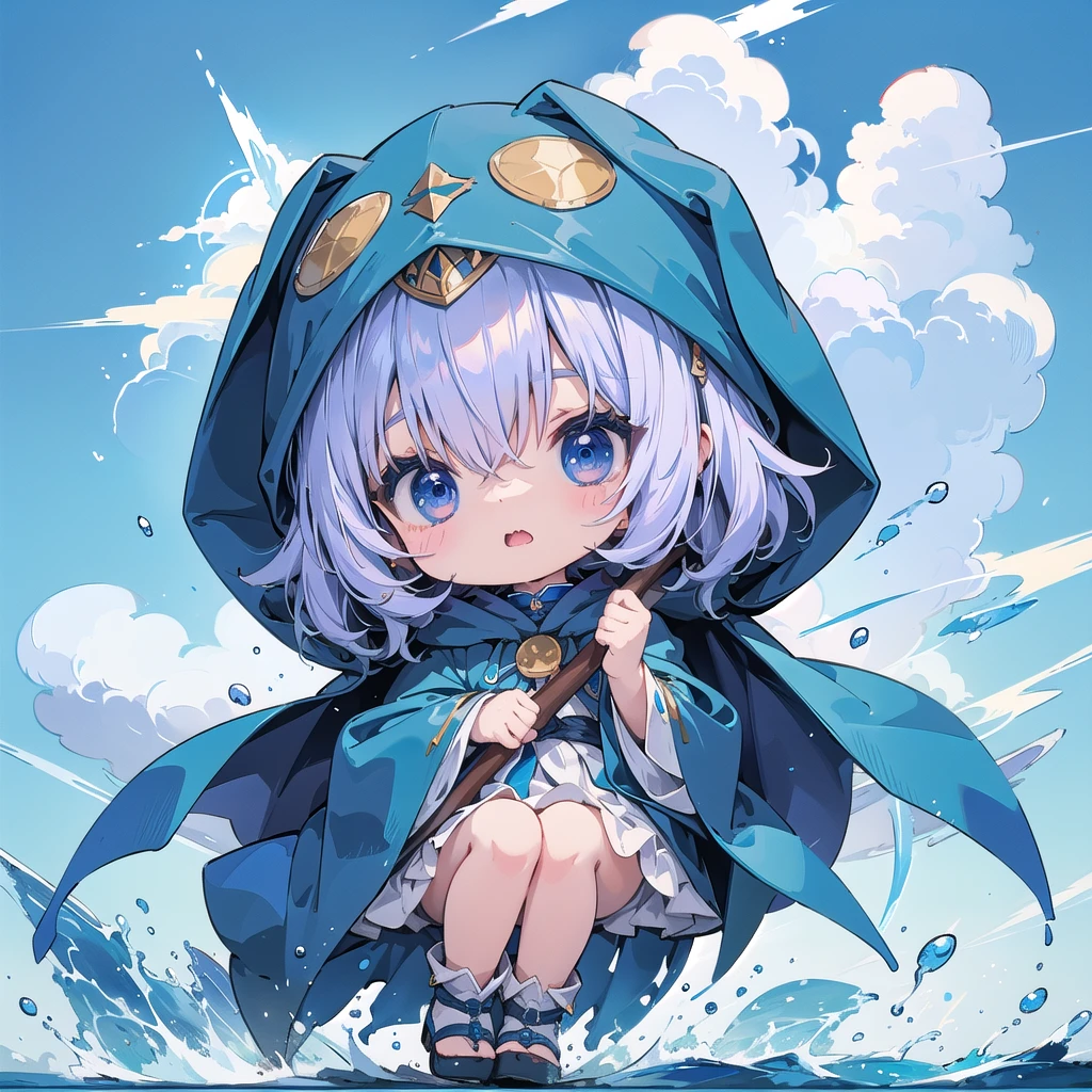 Chibi、cute、  the little one is wearing a blue hooded cloak、The cape reaches up to the ankles  、