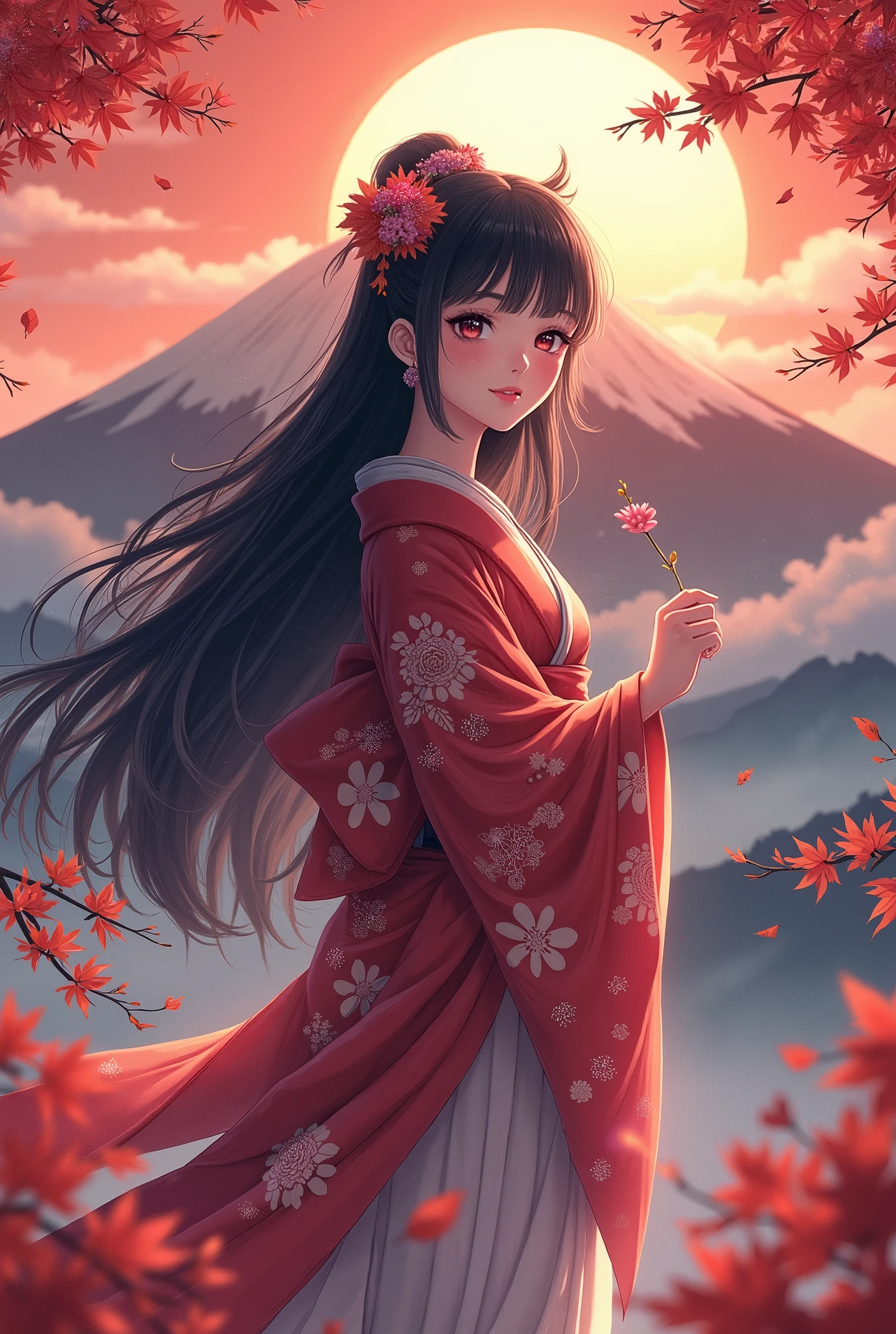 Japanese Mythology, 美しい富士Mountain Goddess, Princess Konohana Sakuya ,  the supreme god of Japanese mountain worship, Mountain Goddess,  Best Anime Beauties, Long black hair,  Mt. Fuji dyed in the sunset, Cartoon Art, Osamu style of Tezuka,  best quality,  high definition , 8k, Anime/Manga, Sunset beauty, The background is Ukiyo-e painting style , Autumn leaves in the corner of the area , 