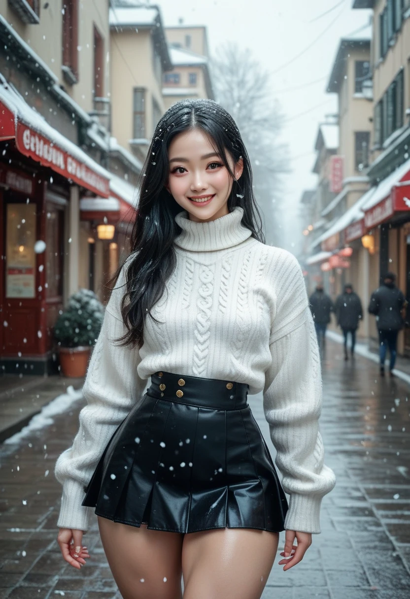 nsfw, 8k, high resolution, masterpiece, best quality, very detailed, outdoors, street, snowing, 1girl, ulzzang, beautiful cute korean college girl, black hair, long hair, small breasts, huge hips, huge thighs, very thin waist, huge muscles, muscular arms, muscular legs, short sweater, miniskirt, skirt, slight smile, very short skirt, clothes