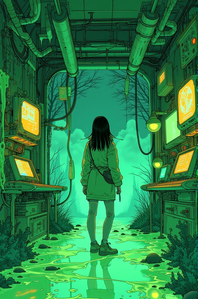  close-up of a woman standing in a game center with green floors, Green Slime, Green Slime everywhere, Neon Radioactive Swamp , Green Slime dripping, Alien's room, Cosmic horror style, Ectoplasm, Indie Video Game Horror, alternate  album cover , Oozing,  album cover ,  just a joke , Slime and tentacles, Reptile slime