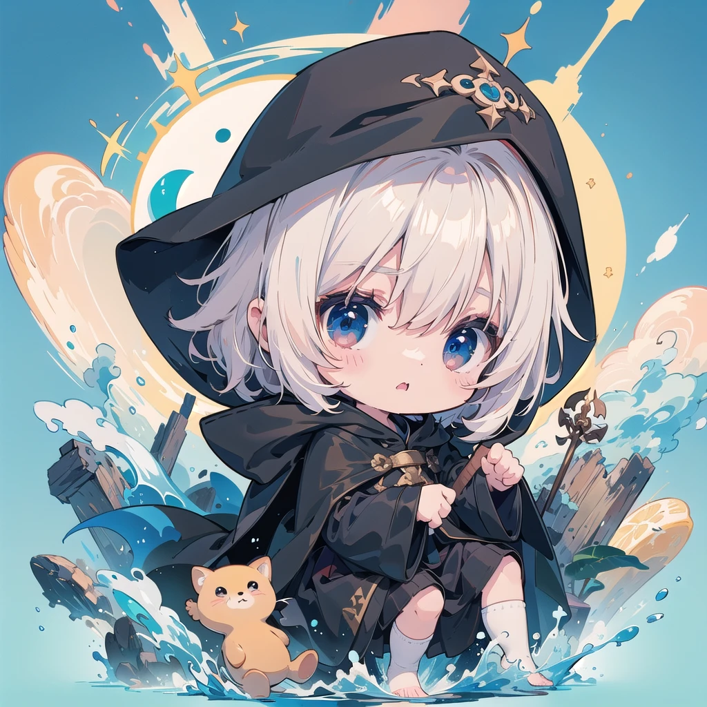 Chibi、cute、 The little one is wearing a black hooded cloak、The cape reaches up to the ankles  、