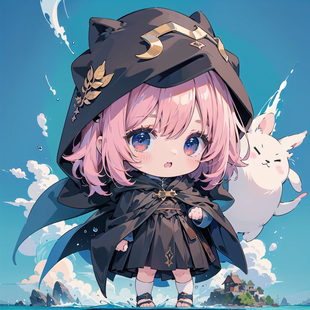 Chibi、cute、 The little one is wearing a black hooded cloak、The cape reaches up to the ankles  、