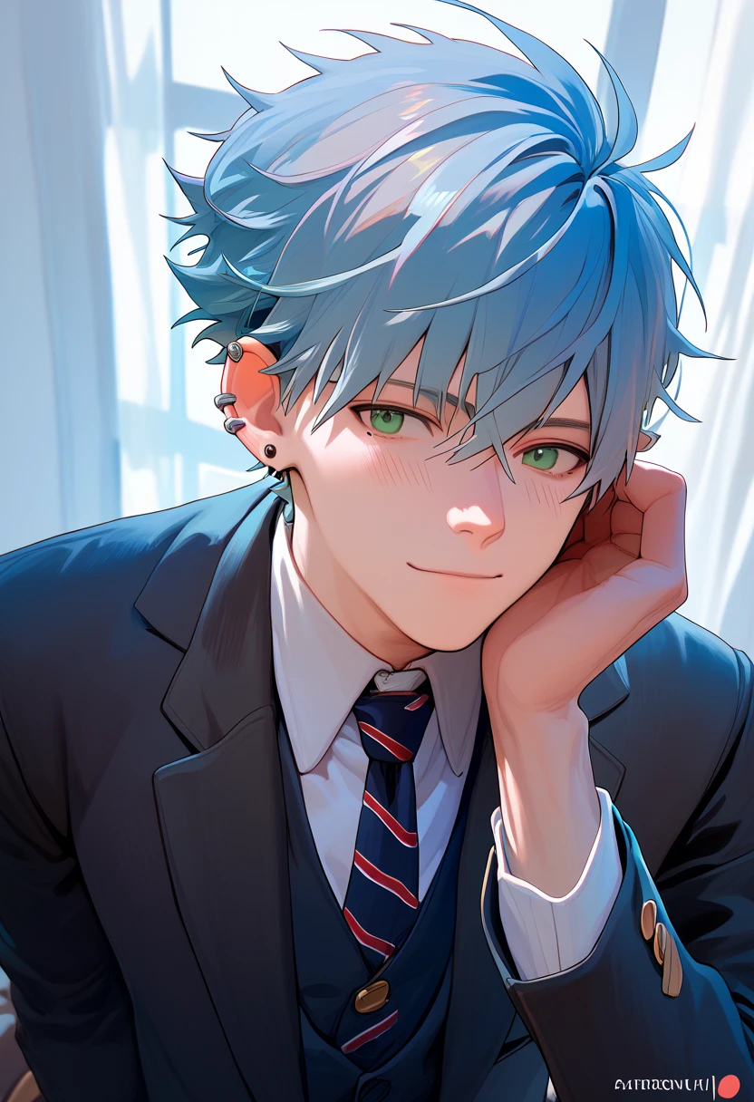 White-skinned man, light blue hair, green eyes, mole under the eye, piercings in the ear. He is wearing an elegant black suit. He is handsome. Cute guy