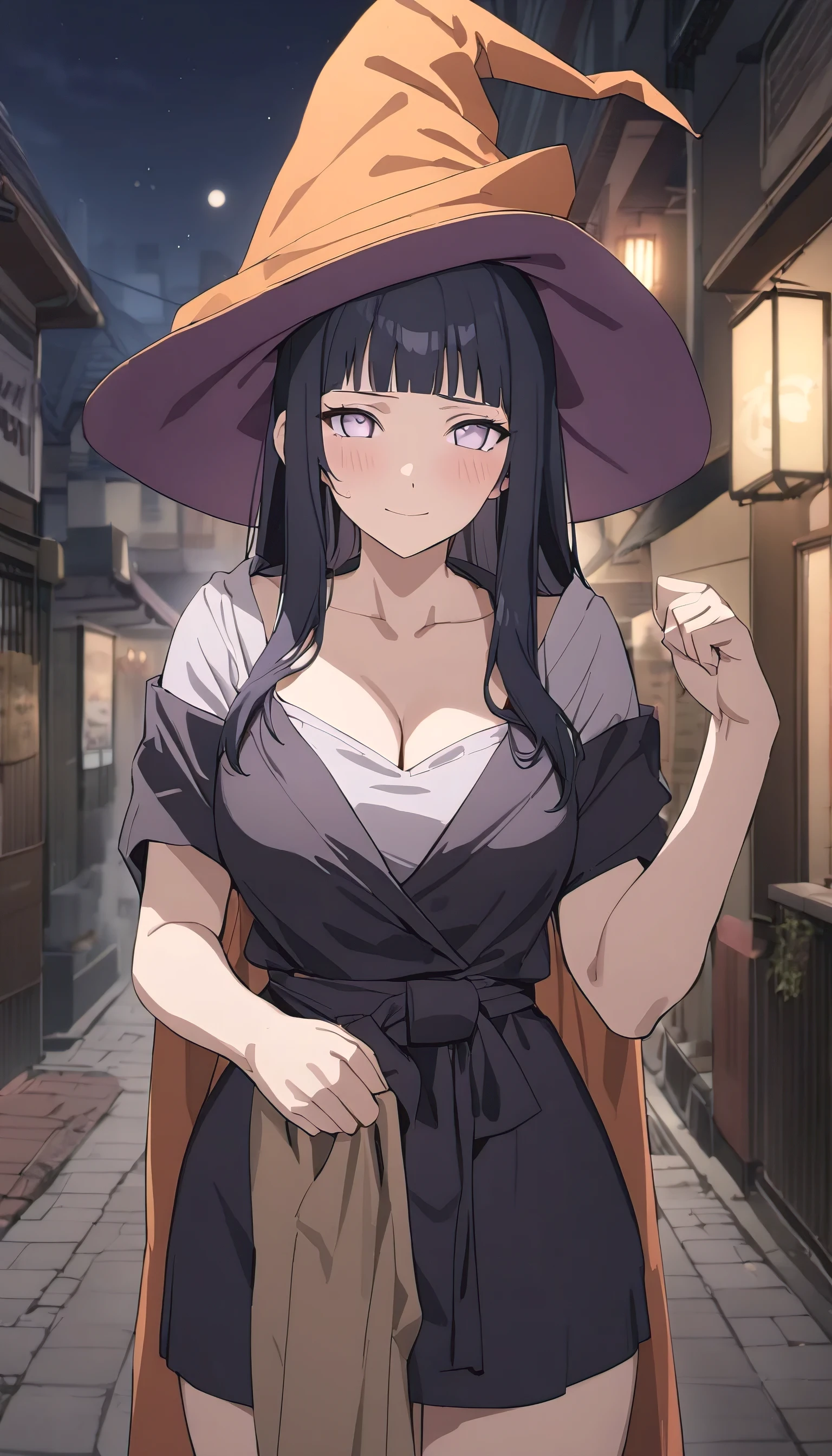 best quality,masterpiece,highres,absurdres,newest,rating: general, (hinata, 1girl, hyuuga hinata, purple eyes,white eyes, blunt bangs), black hair, witch costume , cosplay, witch hat, halloween costume, blushing , light smile, ,cowboy shot, standing, outdoor, street,(night,night sky),large breasts,cleavage,view at viewer