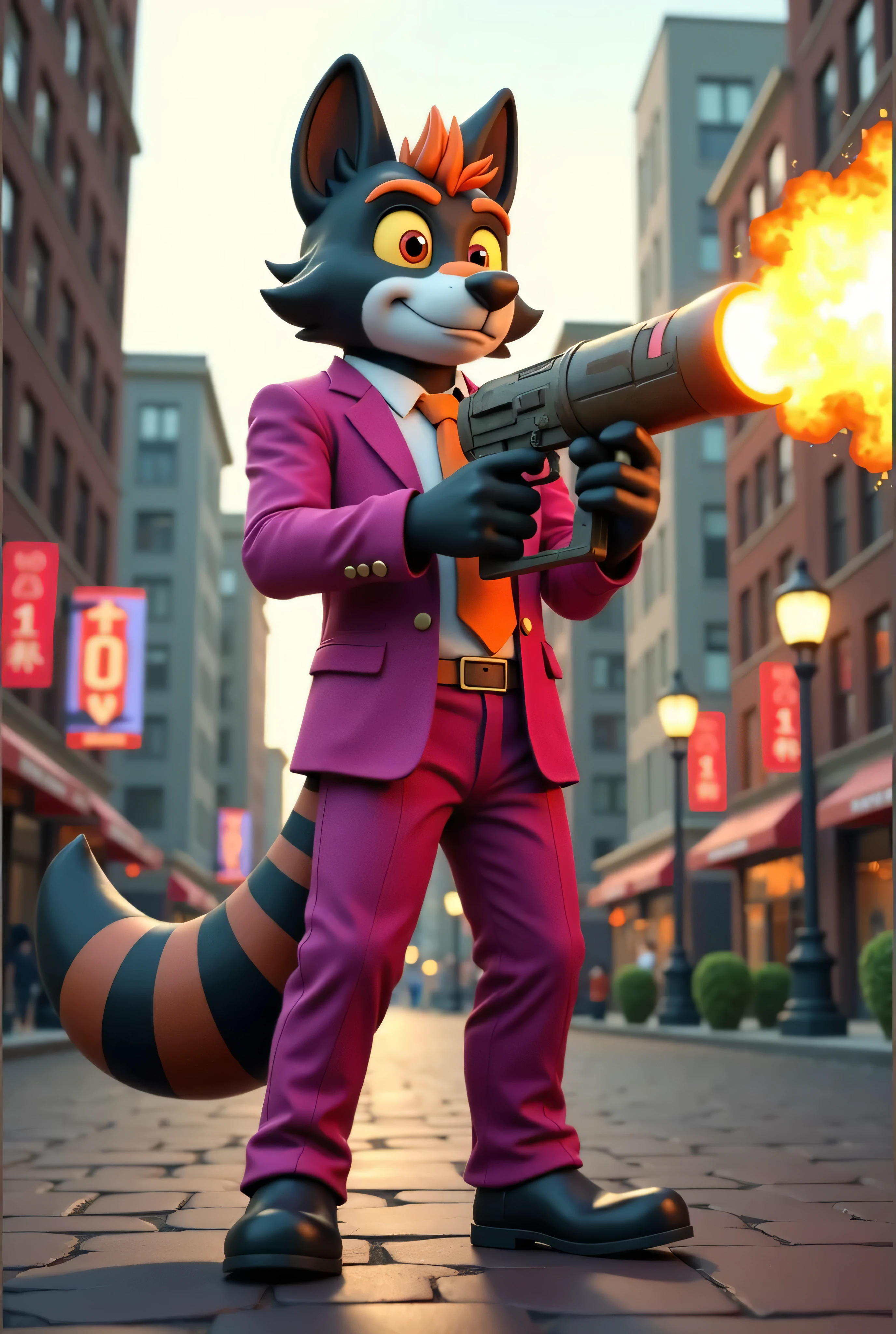 3D artwork of Dulka from The Non Raccoon, furry anthro, adult, hybrid character. Dulka stands confidently in a hyper-realistic environment resembling the real world, holding a massive, lifelike bazooka mid-action. He fires the weapon, creating an explosive effect that sends fiery debris and thick smoke billowing into the air, with dynamic lighting from the blast illuminating his magenta suit and striped raccoon tail.

The setting is an urban cityscape with a cinematic vibe. The background features towering skyscrapers with reflective glass, bustling streets with faintly blurred pedestrians, and a distant park with lush greenery. Streetlights, neon signs, and a golden-hour sky add vibrant yet realistic color tones to the scene.

Dulka’s suit is tailored to perfection, with intricate fabric textures visible in the folds and creases, while his orange tie flows dramatically in the energy of the explosion. His raccoon-like facial patterns, wolf-like ears, and fox-like elegance are rendered in stunning cinematic detail, giving him a strikingly lifelike presence. The bazooka is meticulously designed, with worn metallic textures, glowing indicators, and smoke trailing from its barrel.

Ultra cinematic realism, Ultra HD 8K, blending Dulka’s anthropomorphic features seamlessly with a highly detailed, real-world-inspired urban environment, capturing the intensity and power of the moment.