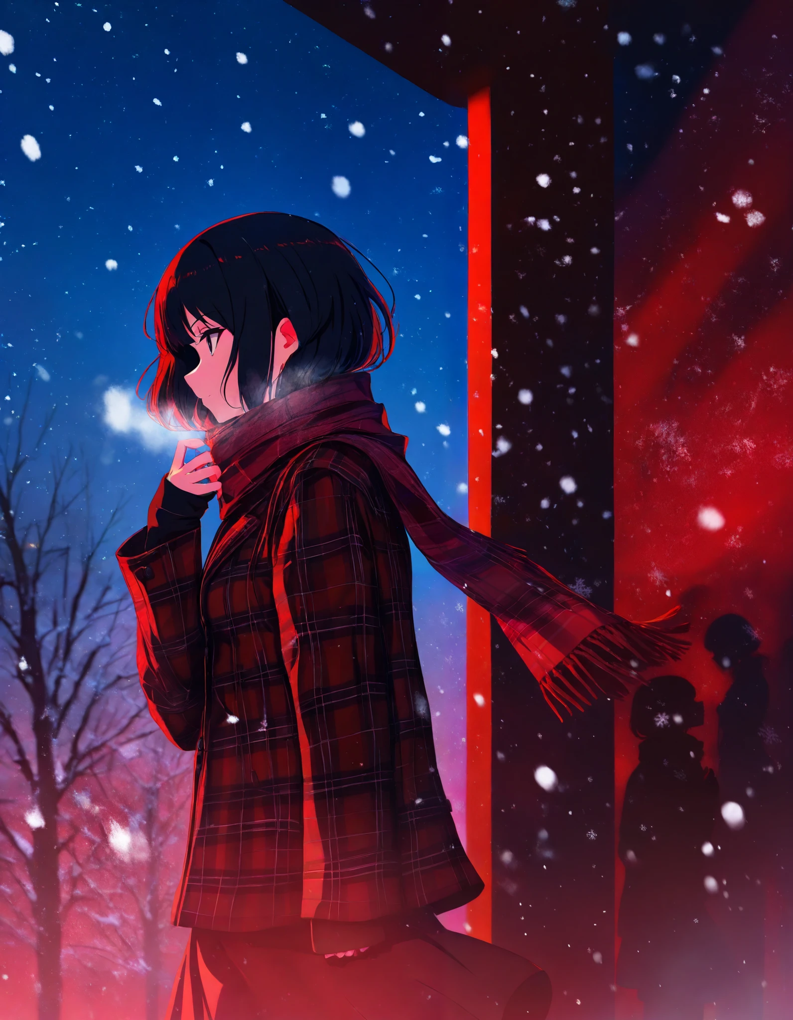 Anime girl and boy girl wearing black coat and red muffler and boy wearing black jacket prone in snow watching moon but boy watching girl