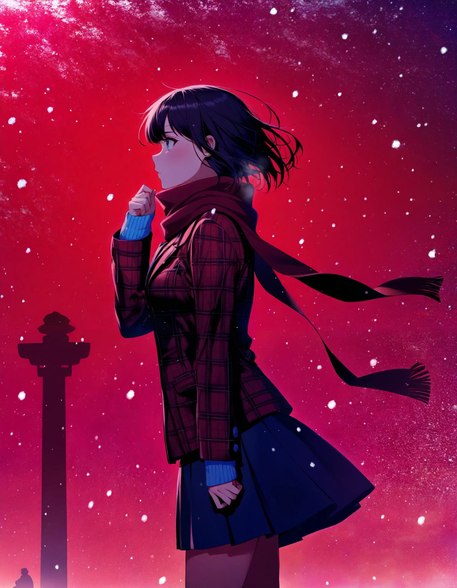 solo, colorful, 1girl, jacket, long sleeves, plaid, plaid jacket, profile, scarf, silhouette, sleeves past wrists, snowing, short hair, hand up, red theme, skirt, solo, looking afar, from side, masterpiece, best quality, newest, very awa