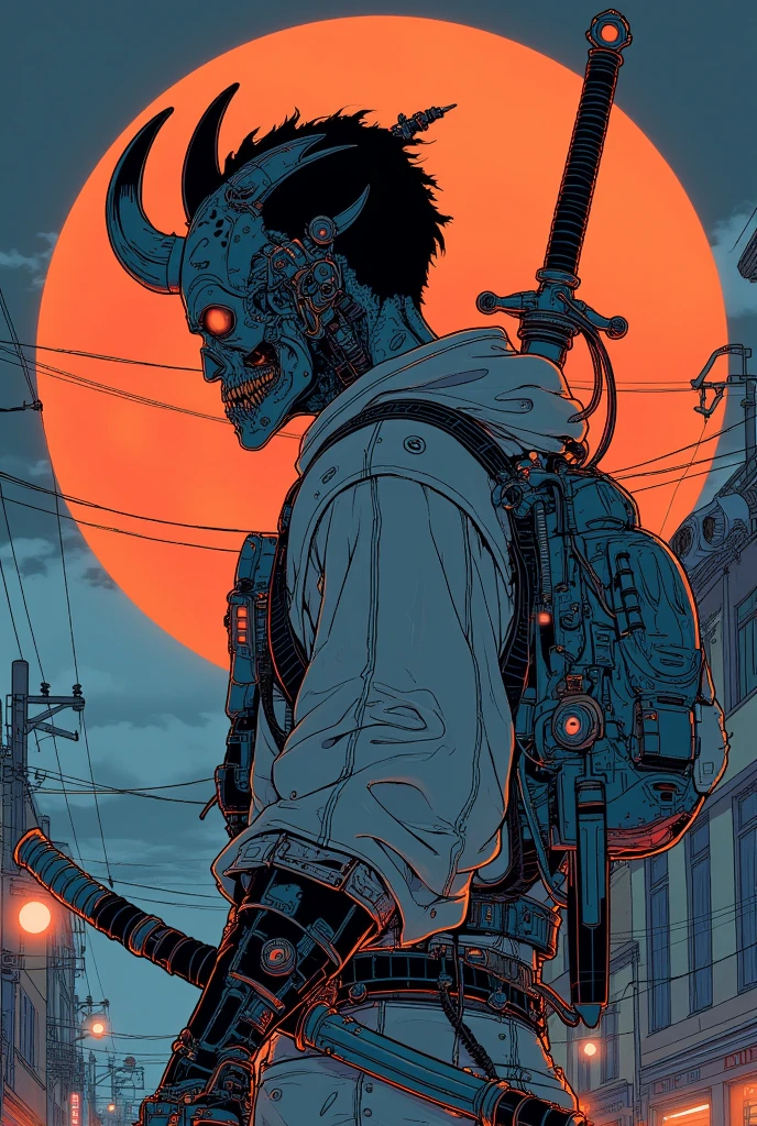  anime-style illustration of a devil with a sword and a demon mask, Urban Warrior, Demon Samurai,  Cyberpunk Samurai , very beautiful  Cyberpunk Samurai , grim Reaper, Street Samurai,  afro samurai anime style , Tyler Jacobson style ,  modern cyberpunk anime, afro samurai style, Neon Samurai,  afro samurai anime style , Demon Samurai warrior, portrait of a  Cyberpunk Samurai 