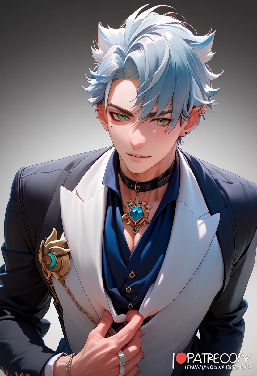 White-skinned man, light blue hair, green eyes, mole under the eye, piercings in the ear. He is wearing an elegant black suit. He is handsome. He is a cute giy