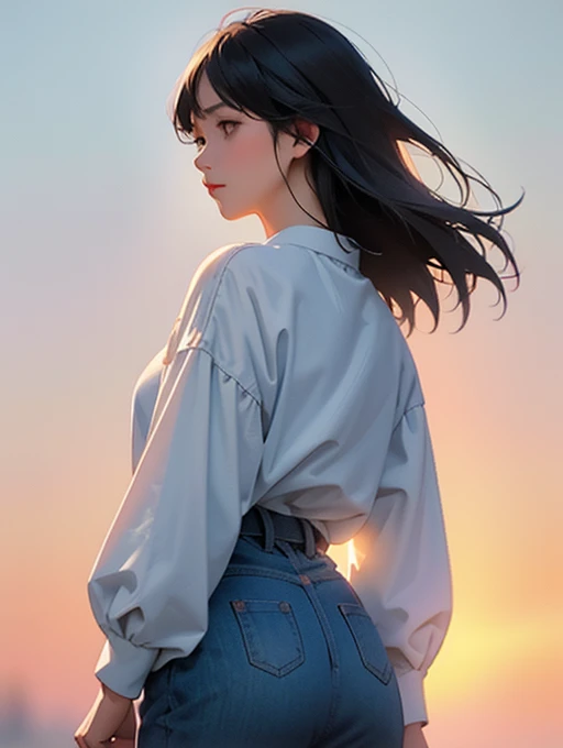 female, young adult,  look into the distant sky ,  looks up,Look Up,nostalgic expression , behind your back,blouse, skirt, cowboy shot, side shot,Sunset light, no background,White background,watercolor,soft surface, soft lines, nostalgic atmosphere,Strongly blur the surroundings