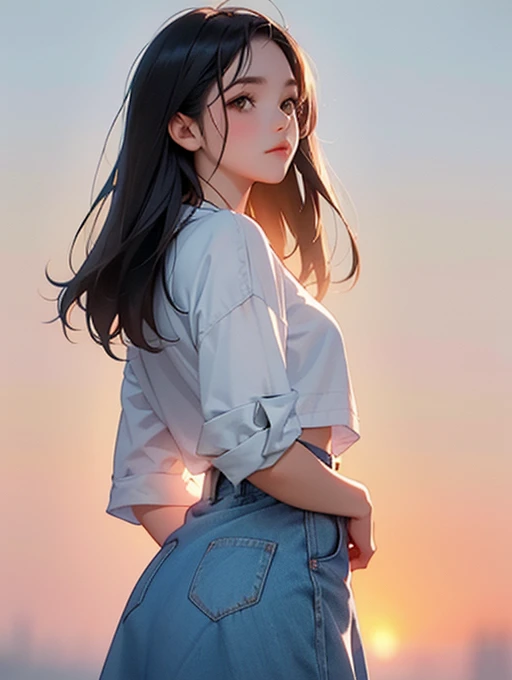 female, young adult,  look into the distant sky ,  looks up,Look Up,nostalgic expression , behind your back,blouse, skirt, cowboy shot, side shot,Sunset light, no background,White background,watercolor,soft surface, soft lines, nostalgic atmosphere,Strongly blur the surroundings