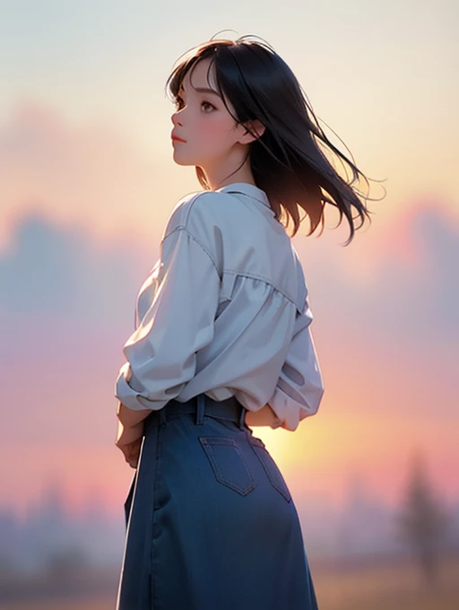 female, young adult,  look into the distant sky ,  looks up,Look Up,nostalgic expression , behind your back,blouse, skirt, cowboy shot, side shot,Sunset light, no background,White background,watercolor,soft surface, soft lines, nostalgic atmosphere,Strongly blur the surroundings