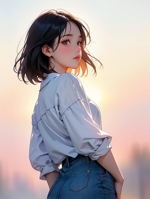 female, young adult,  look into the distant sky ,  looks up,Look Up,nostalgic expression , behind your back,blouse, skirt, cowboy shot, side shot,Sunset light, no background,White background,watercolor,soft surface, soft lines, nostalgic atmosphere,Strongly blur the surroundings