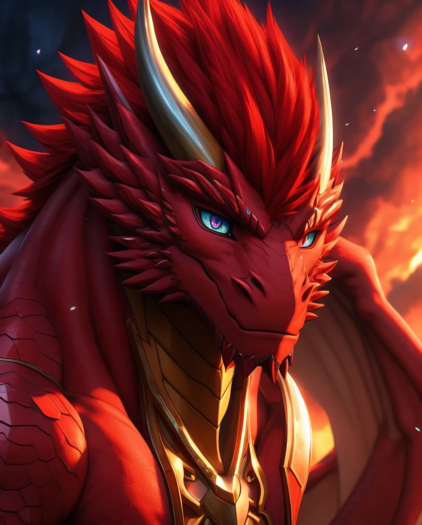 a large muscular dragon-like furry creature, highly detailed face and eyes, red hair, 4k resolution, long tail, full body