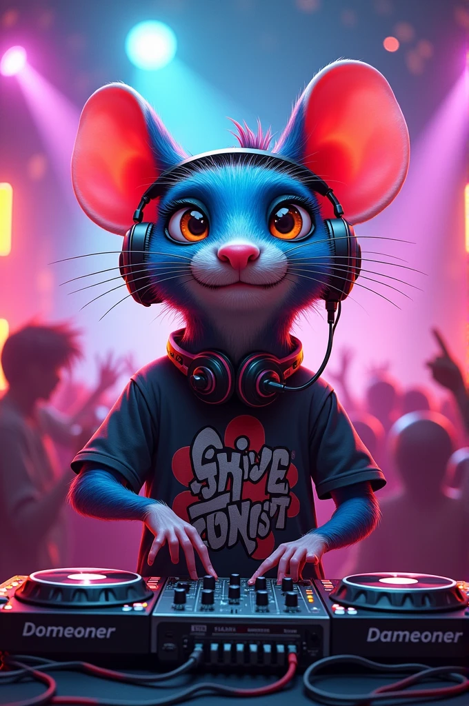 3D rendering of a cute female mouse character,love facial expression, exaggerated action, 3D character, a little fluffy, cartoon style, minimalist, HD, high detail, 8k, on a dance floor, underground club, 80s, neon lights,(huge breast),sexy mini dress,busty,all fours,sideways