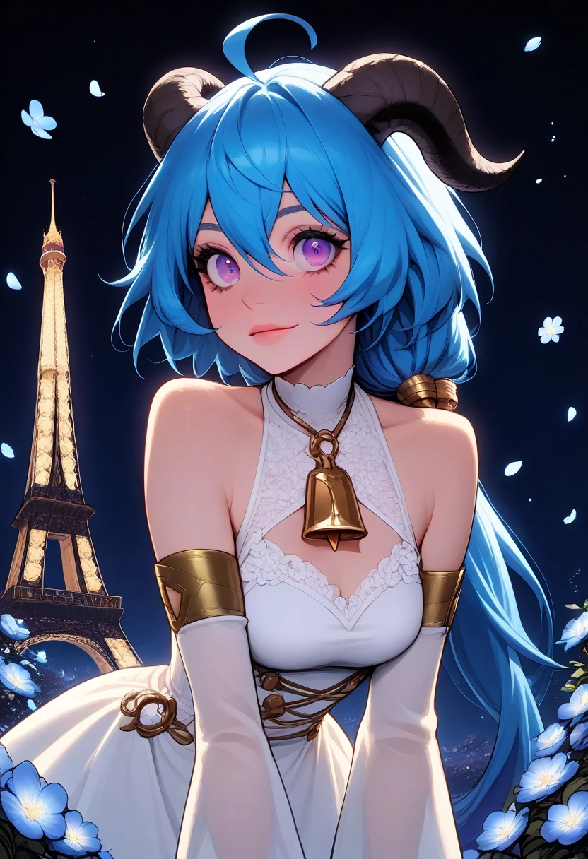  masterpiece fails,  top quality ,  1girl, One, Cute, eyelashes, ( beautiful eyes ), beautiful lips, 
,,,
 upper body ,  leaning forward , portrait, zzEiffelTower in background, Night,  blooming stars ,  glowing petals ,  otherworldly fragrance blurred background,
zzGanya ,  hair between eyes ,   purple eyes  , ahoge,  blue hair , goat horns, horns,  long hair , low ponytail,       bare shoulders,  neckbell , stocking,  white dress contest, gold trim, flower knot,  separate sleeves ,  black gloves , the pelvic diaphragm, thighlet,  tights,