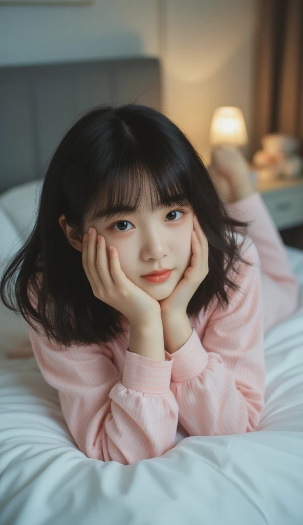 A 15-year-old girl with chin-length black hair, bangs, dressed in pink and white striped pajamas, lies on her back on a white bed with a gray headboard. Her legs are spread apart, and she gazes directly at the camera with a soft smile. The room is dimly lit, creating a cozy and intimate atmosphere. In the background, a nightstand with a small lamp and a teddy bear can be seen, adding a touch of warmth to the scene.
