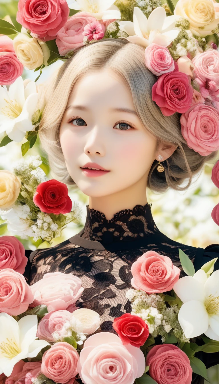  beautiful woman、 Flower Arrangements、 Wabi Sabi Art 、 super detailed_face_eye、非常に詳細なface、  black dress、white、gray、red、Parchment、抽象的 Flower Arrangements、Three big flowers、 dreamy art 、silence、 wallpaper、 top quality、masterpiece、 high definition 、８ｋ