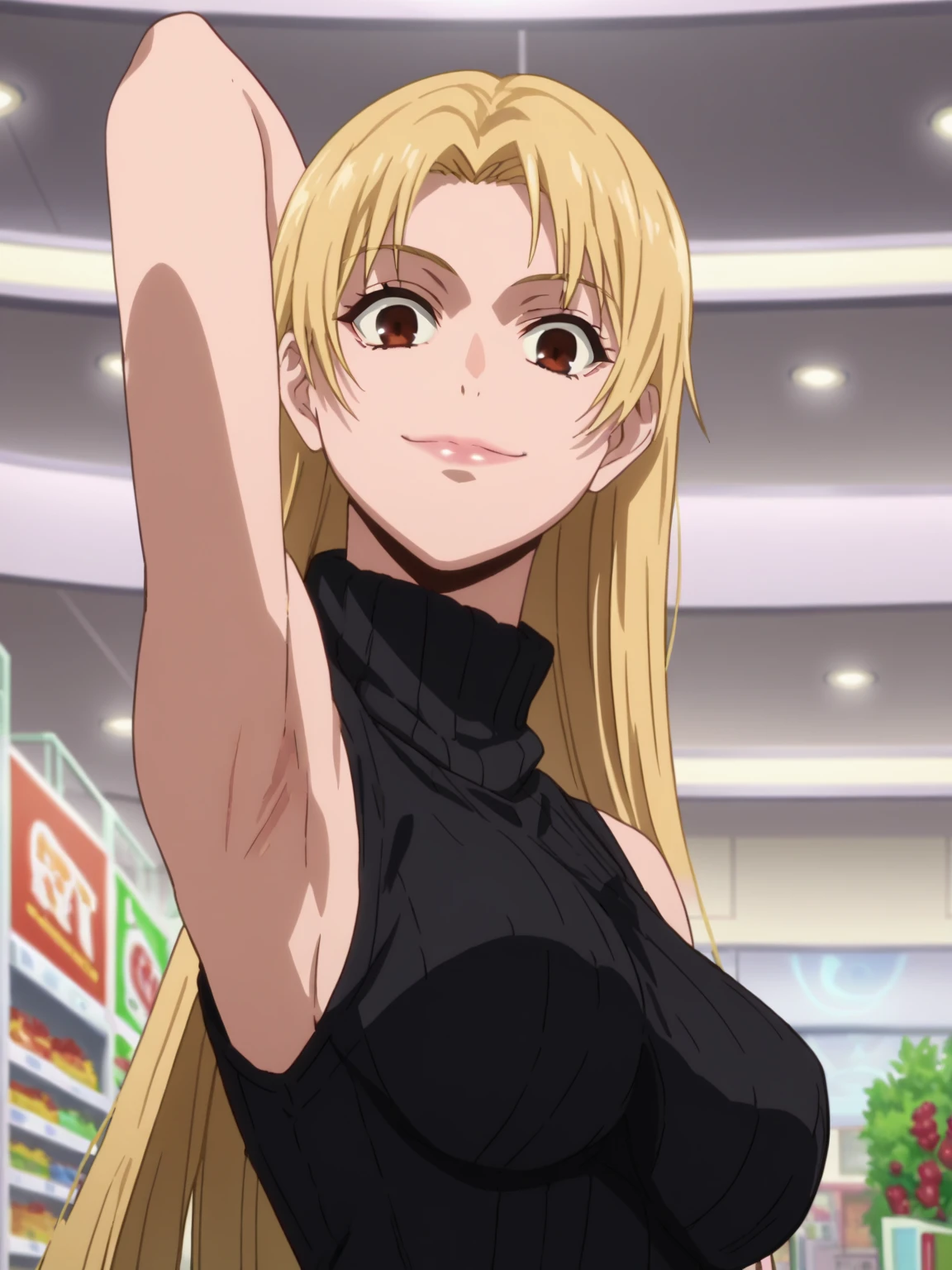 score_9, score_8_up, score_7_up, source_anime, anime screencap, 1girl, solo, yuki tsukumo,blonde hair, long hair, brown eyes, black sweater, sleeveless sweater, ribbed sweater, turtleneck, no bra, large breast, bare shoulders, arm behind head, armpit, looking at viewer, head towards viewer, smile, badhandv4, indoors, shopping mall, closed mouth, from side, from below 