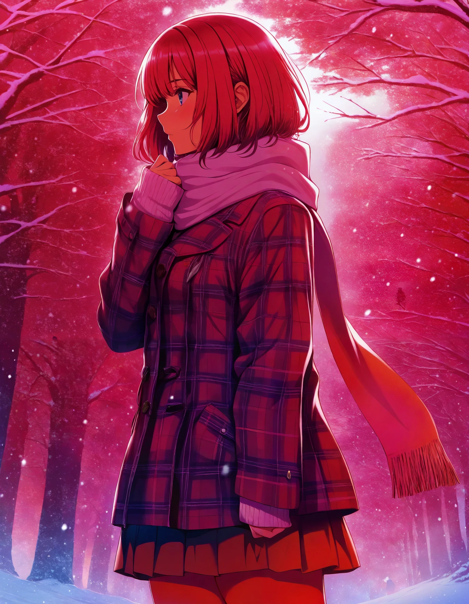 solo, colorful, 1girl, jacket, long sleeves, plaid, plaid jacket, profile, scarf, silhouette, sleeves past wrists, snowing, short hair, hand up, red theme, skirt, solo, looking afar, from side, masterpiece, best quality, newest, very awa