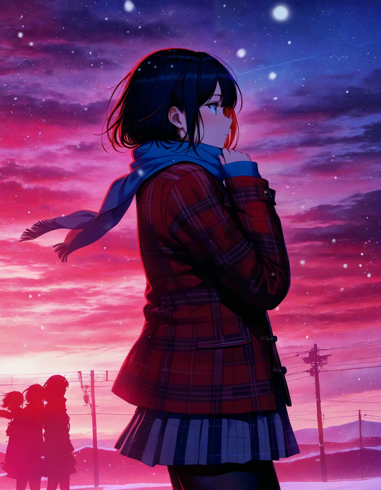 solo, colorful, 1girl, jacket, long sleeves, plaid, plaid jacket, profile, scarf, silhouette, sleeves past wrists, snowing, short hair, hand up, red theme, skirt, solo, looking afar, from side, masterpiece, best quality, newest, very awa