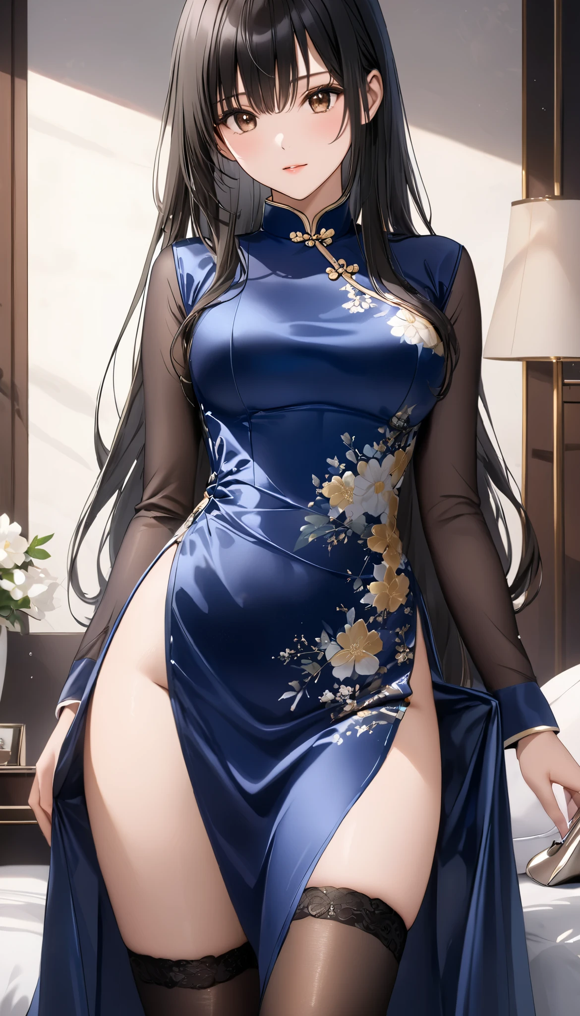   top quality、   Unity 8K Wallpaper 、32K、masterpiece、  very detailed with crimson hair、   super high resolution 、  very detailed with crimson hairな顔、  RAW photos 、 Professional、Ultra-detailed painting、 Female 1 person 、 Shiny Navy Blue Long China Dress,  Shiny Silk Fabric with Slits 、、  black hair、  brown eyes 、  long hair、、  stockings、  garter belt、 Blue Stiletto Heels  、Peek Into the Slit 、 ガーター stockings