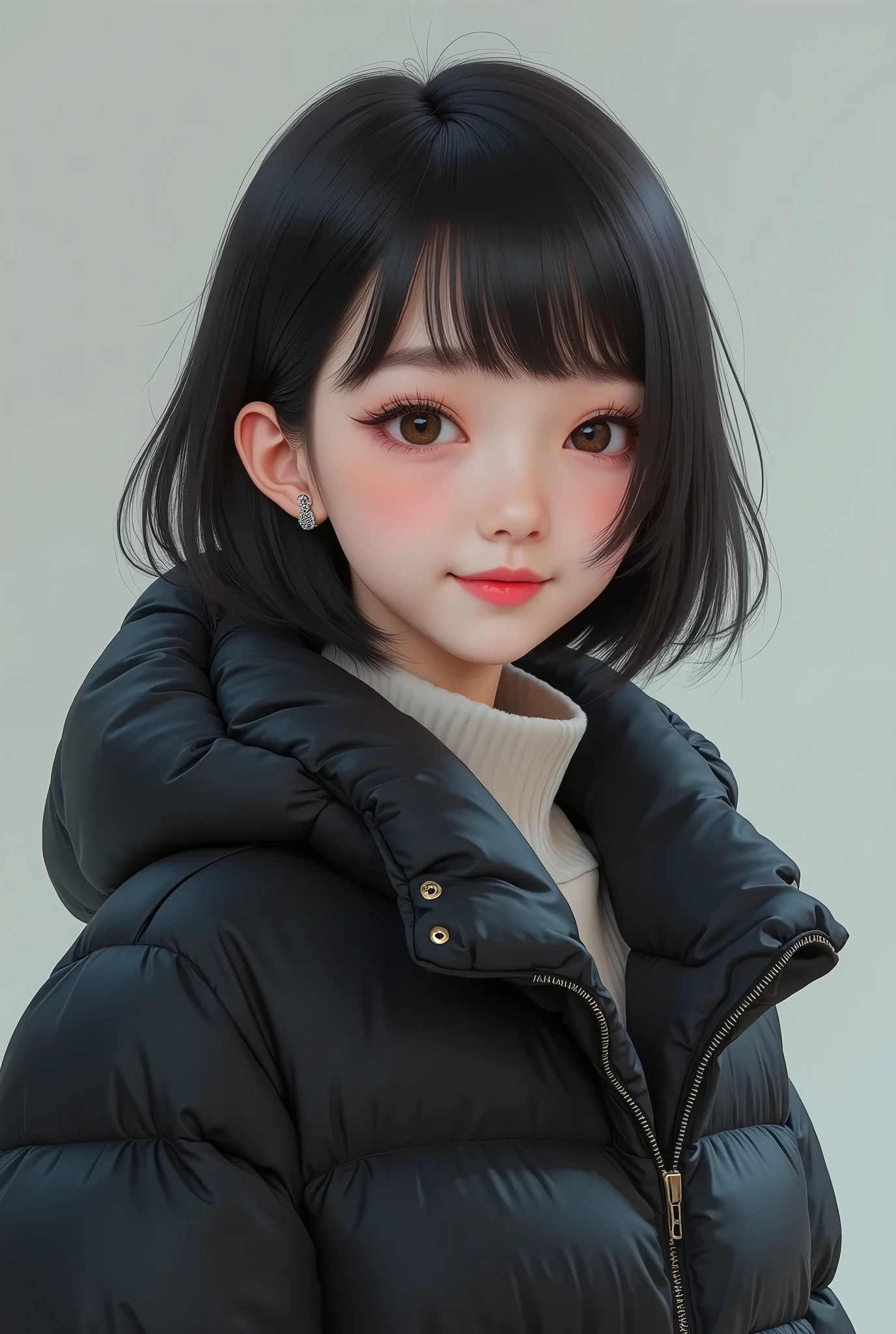 asian girl with short curly hair and bangs with red and pink strawberry sweater