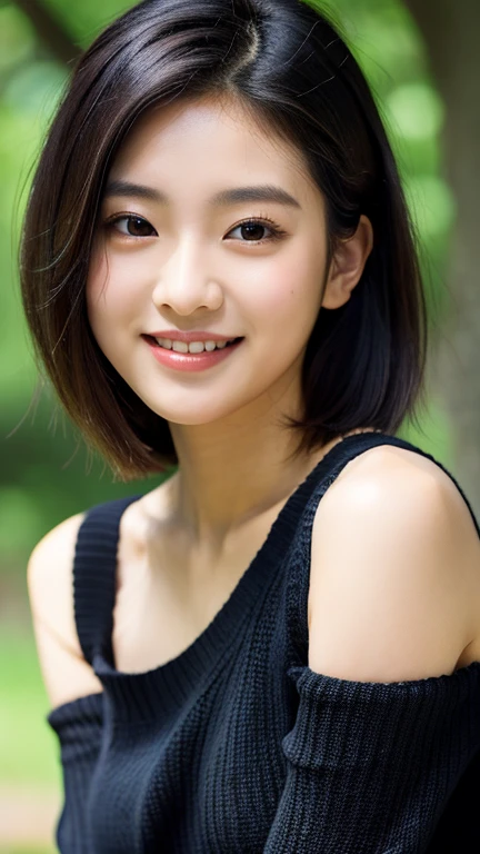 highest quality, masterpiece, ultra high resolution, (realistic:1.4), Raw photo, (Knitted sweater), upper body,(18 year old female),  (An 18-year-old girl, most famous japanese idol, (very beautiful black hair shortcut), Very cute face like the most popular Japanese idol, Round face raccoon face, ((very beautiful big black eyes)), Big Laugh, very beautiful lips, very beautiful skin, very beautiful long eyelashes, slender body, boobs),