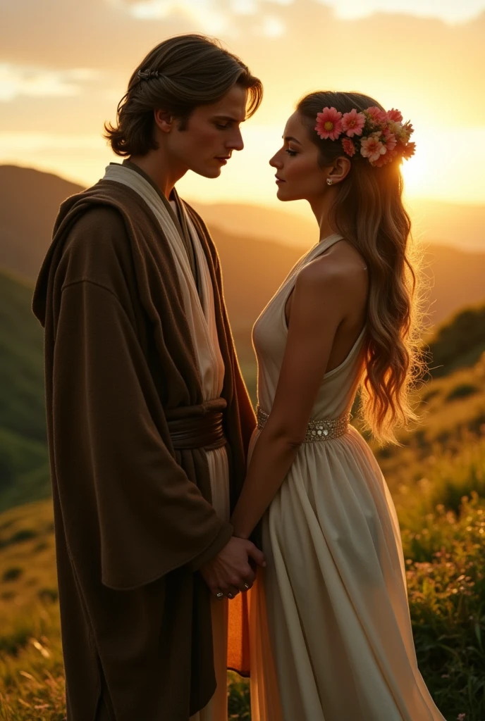 A nostalgic scene depicting the first love between Anakin Skywalker, portrayed by Hayden Christensen, and Padmé Amidala, played by Natalie Portman. The setting is a beautiful, serene environment reminiscent of the Star Wars universe, with a soft glow and romantic ambiance. Anakin and Padmé are sharing a tender moment, with emotions of love and longing evident on their faces. The sky is filled with warm colors, symbolizing their deep connection