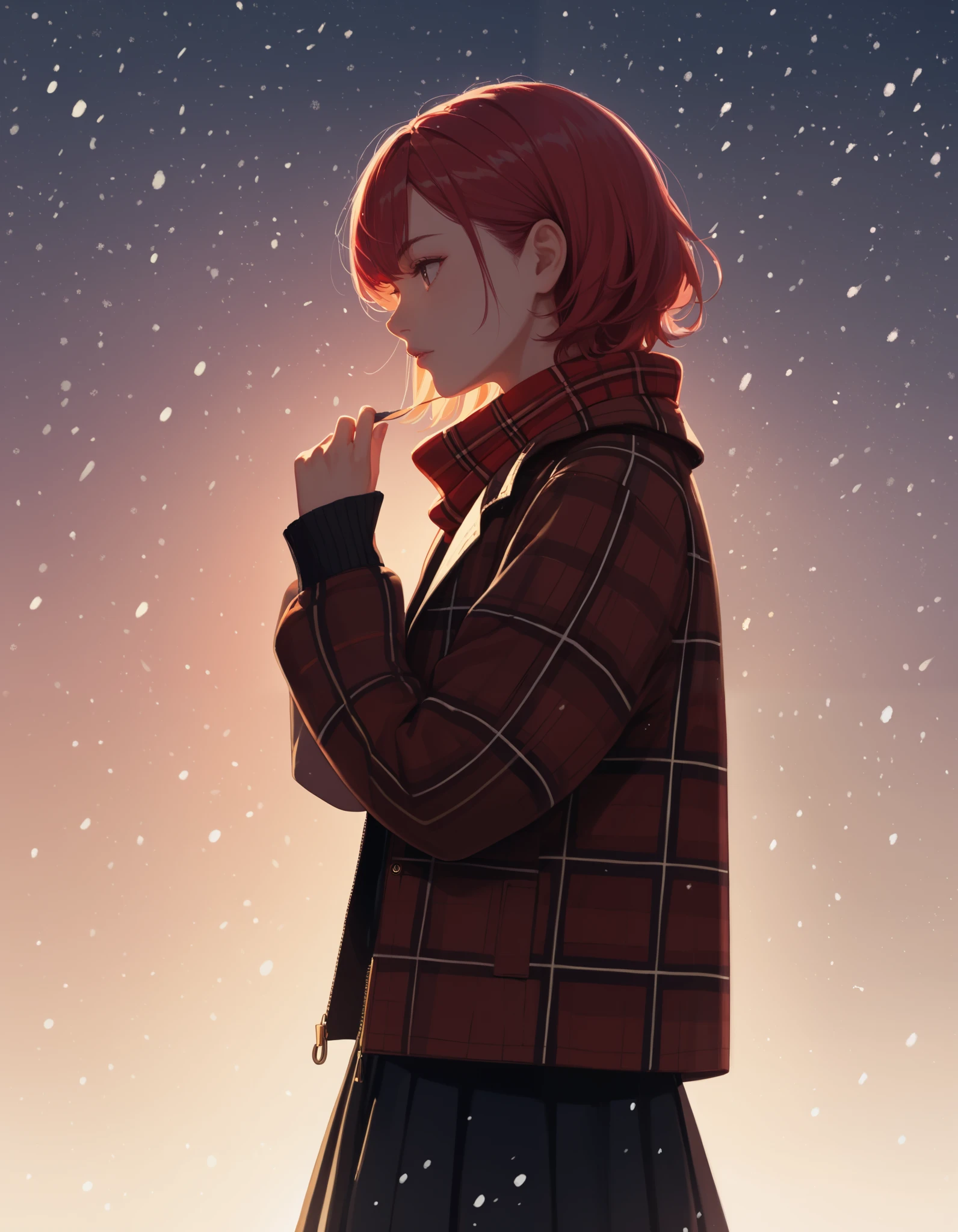 score_9, score_8_up, score_7_up,, solo, colorful, 1girl, jacket, long sleeves, plaid, plaid jacket, profile, scarf, silhouette, sleeves past wrists, snowing, short hair, hand up, red theme, skirt, solo, looking afar, from side, masterpiece, best quality, newest, very awa