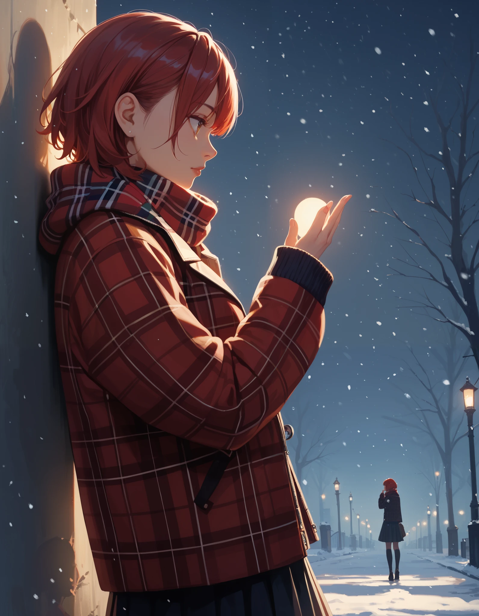 score_9, score_8_up, score_7_up,, solo, colorful, 1girl, jacket, long sleeves, plaid, plaid jacket, profile, scarf, silhouette, sleeves past wrists, snowing, short hair, hand up, red theme, skirt, solo, looking afar, from side, masterpiece, best quality, newest, very awa