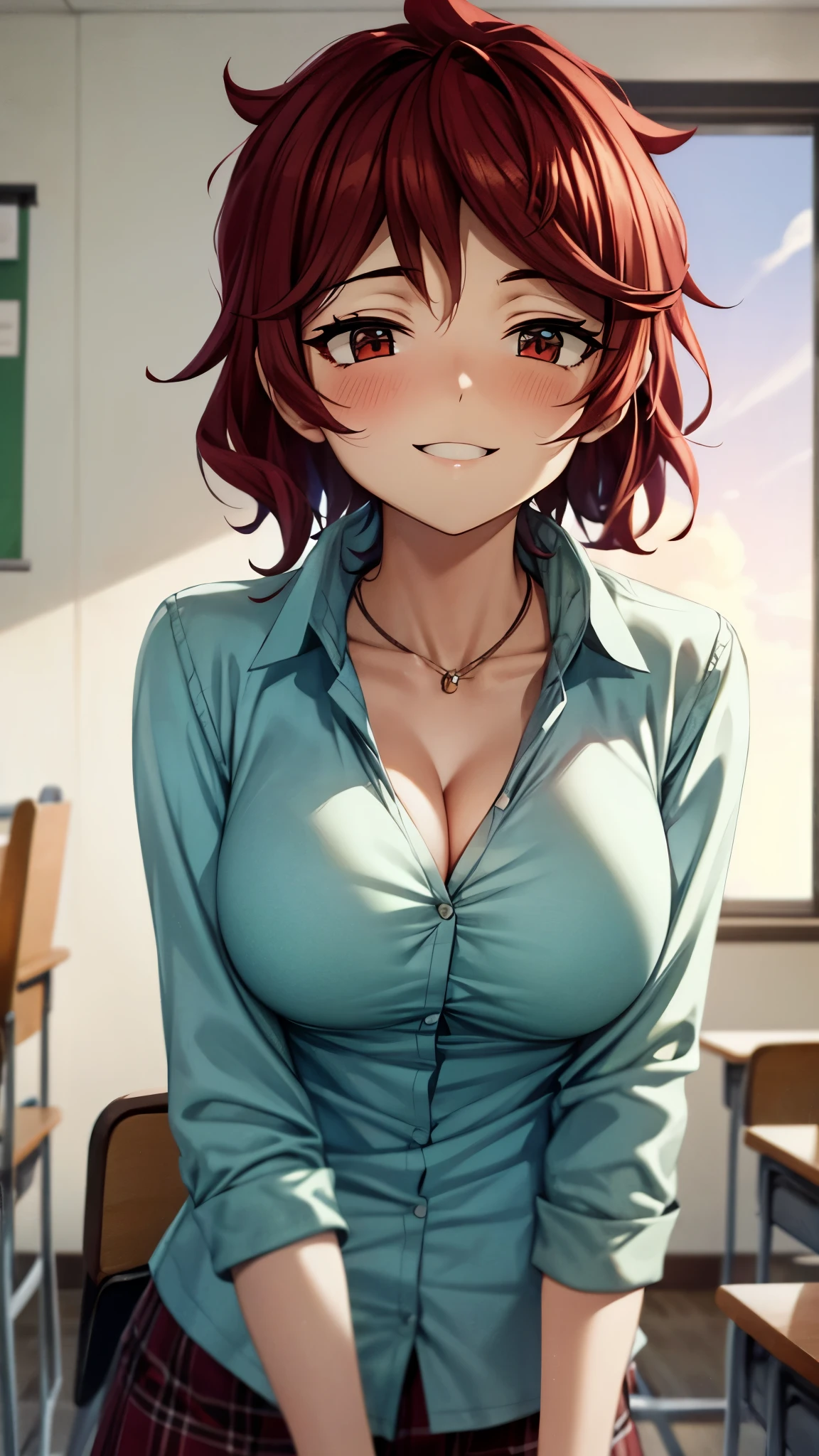 （ super high quality , super high resolution ,16k,super masterpiece,Ultra HD ,Detailed shading and background,）A sexy girl is looking up,（White nude shirt, cleavage, Plaid Mini Skirt,） necklace,smile,blush,Classroom where the sunset shines,A living room with a view of the ,