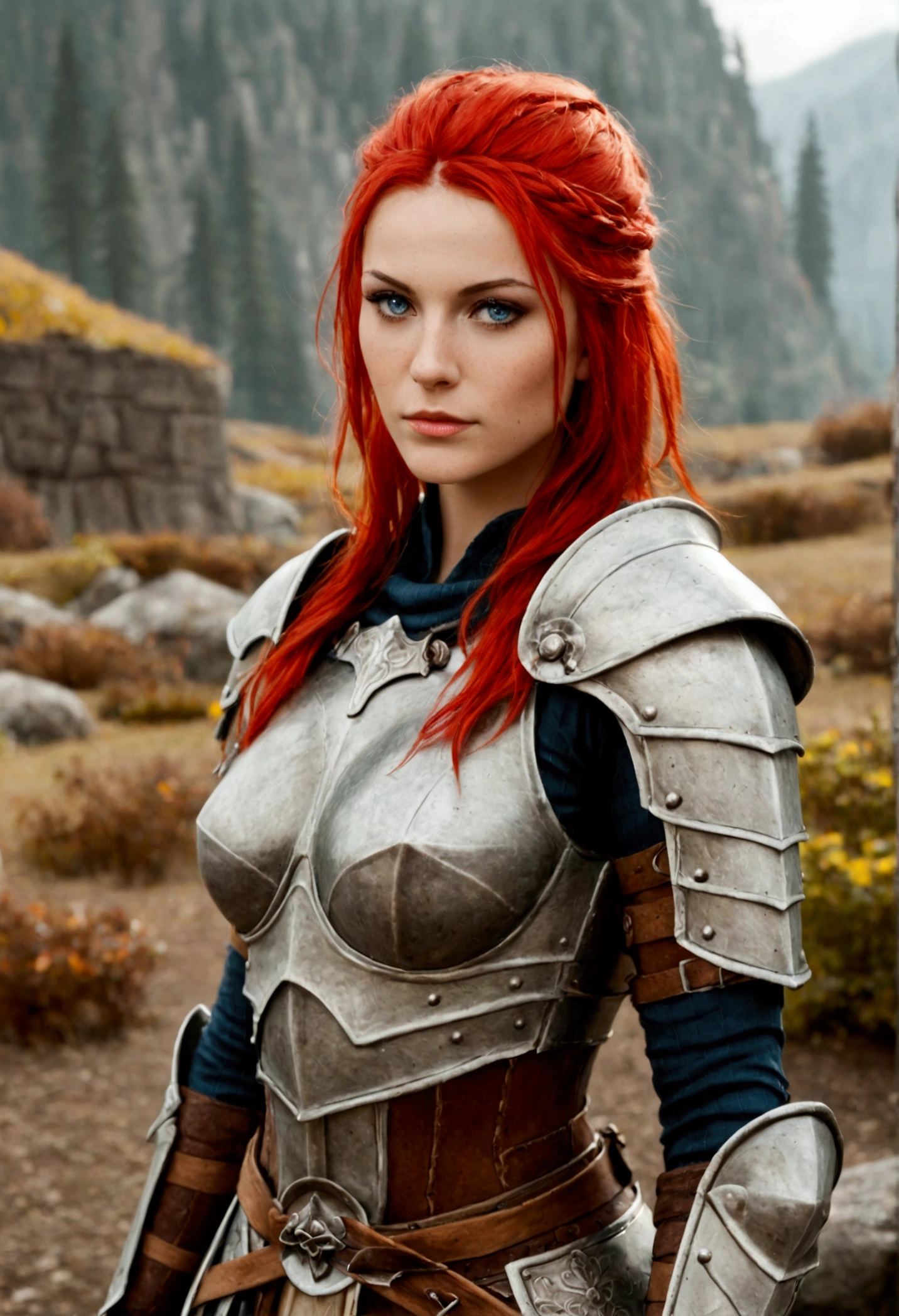 {Masterpiece), {Best Quality}, Skyrim, female, sexy, wearing armor, red hair, blue eyes