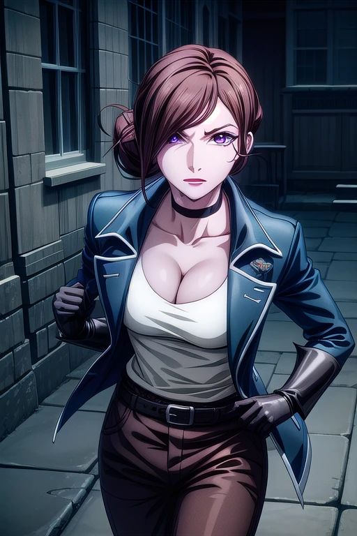 castlevaniajulia, <lora:castlevaniajulia-lora-nochekaiser:1>,
castlevaniajulia, brown hair, (purple eyes:1.1), short hair, hair bun, mole, makeup, single hair bun, lipstick, mole under mouth, red lipstick,
BREAK shirt, gloves, cleavage, collarbone, jacket, white shirt, choker, black gloves, belt, pants, blue jacket, brown pants,
BREAK looking at viewer, upper body, full body,
BREAK outdoors, night, sky,
BREAK <lyco:GoodHands-beta2:1>, (masterpiece:1.2), best quality, high resolution, unity 8k wallpaper, (illustration:0.8), (beautiful detailed eyes:1.6), extremely detailed face, perfect lighting, extremely detailed CG, (perfect hands, perfect anatomy),