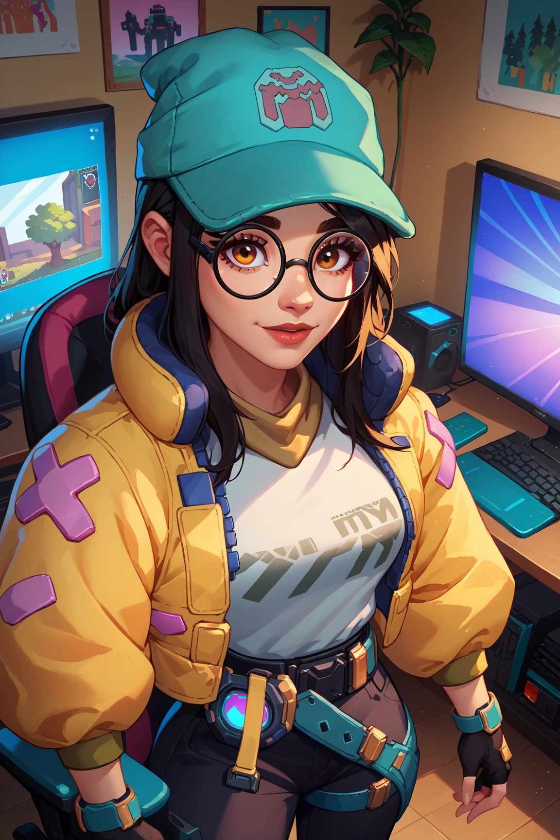  large and cozy neon pink living room with large television screen and tree plants with sunset,  holographic interface , 1 girl, Alone,  ValoKJ ,  black hair, brown eyes, green hat, round glasses,  yellow jacket, gray shirt,  partially fingerless gloves,  yellow belt ,  black pants, computers, inside,  computer screens,  above for body ,  looking at you , happy, Gaming chair, inside, black theme, breasts,  Black background,  science fiction 