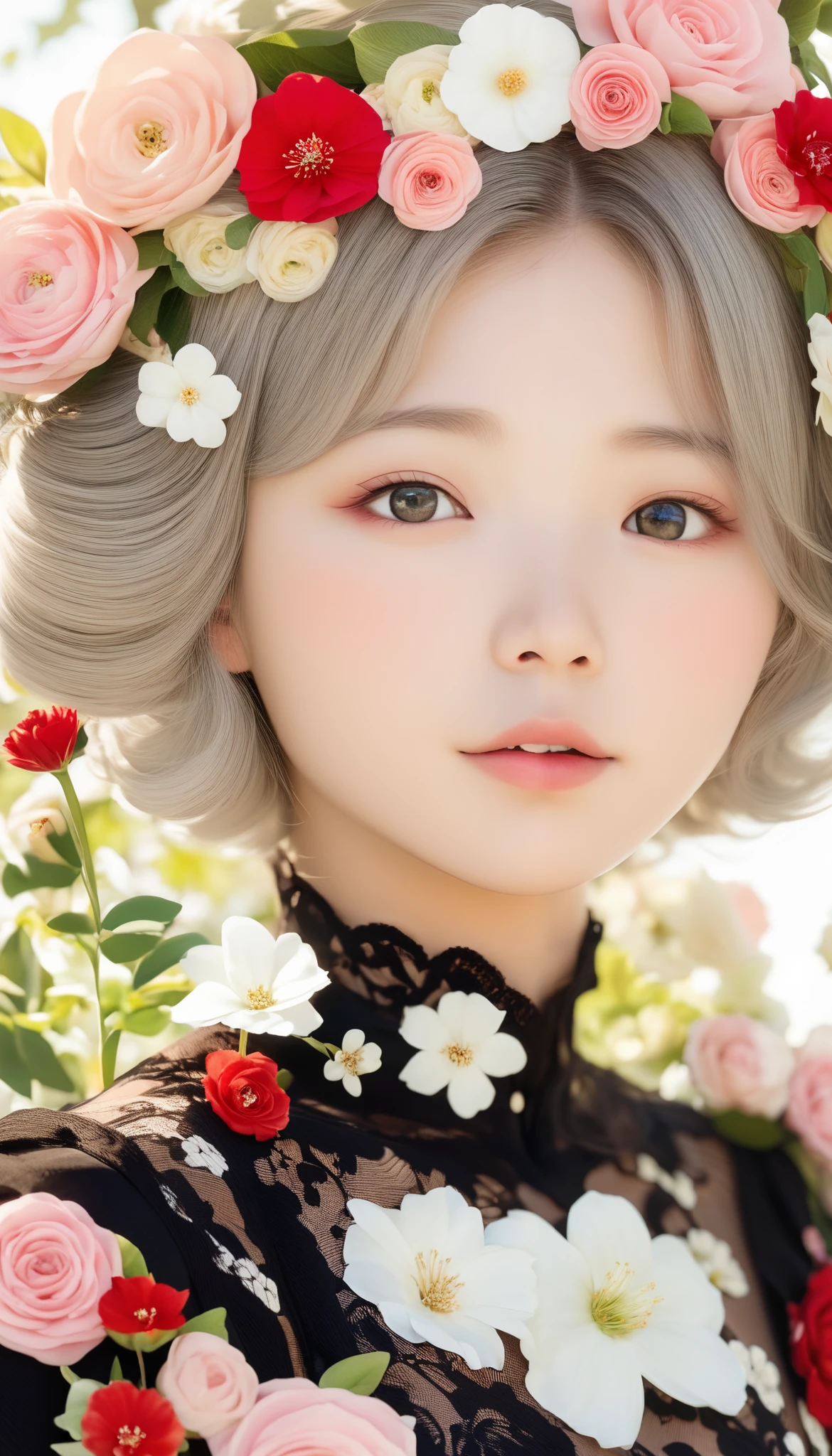  beautiful woman、 Flower Arrangements、 Wabi Sabi Art 、 super detailed_face_eye、非常に詳細なface、  black dress、white、gray、red、Parchment、抽象的 Flower Arrangements、Three big flowers、 dreamy art 、silence、 wallpaper、 top quality、masterpiece、 high definition 、８ｋ