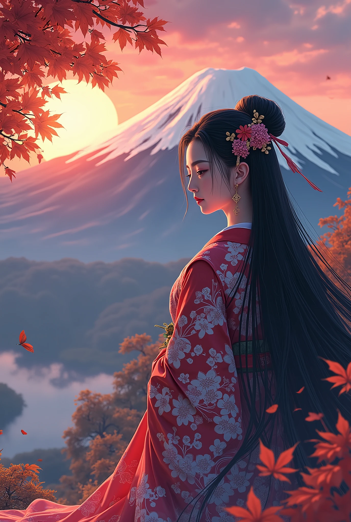 Japanese Mythology, 富士Mountain Goddess, Princess Konohana Sakuya ,  the supreme god of Japanese mountain worship, Mountain Goddess,  Best Anime Beauties, Long black hair,  Mt. Fuji dyed in the sunset, Cartoon Art, Osamu style of Tezuka,  best quality,  high definition , 8k, Anime/Manga, Sunset beauty, The background is Ukiyo-e painting style , Autumn leaves in the corner of the area , colorful clouds,  colorful clouds, 