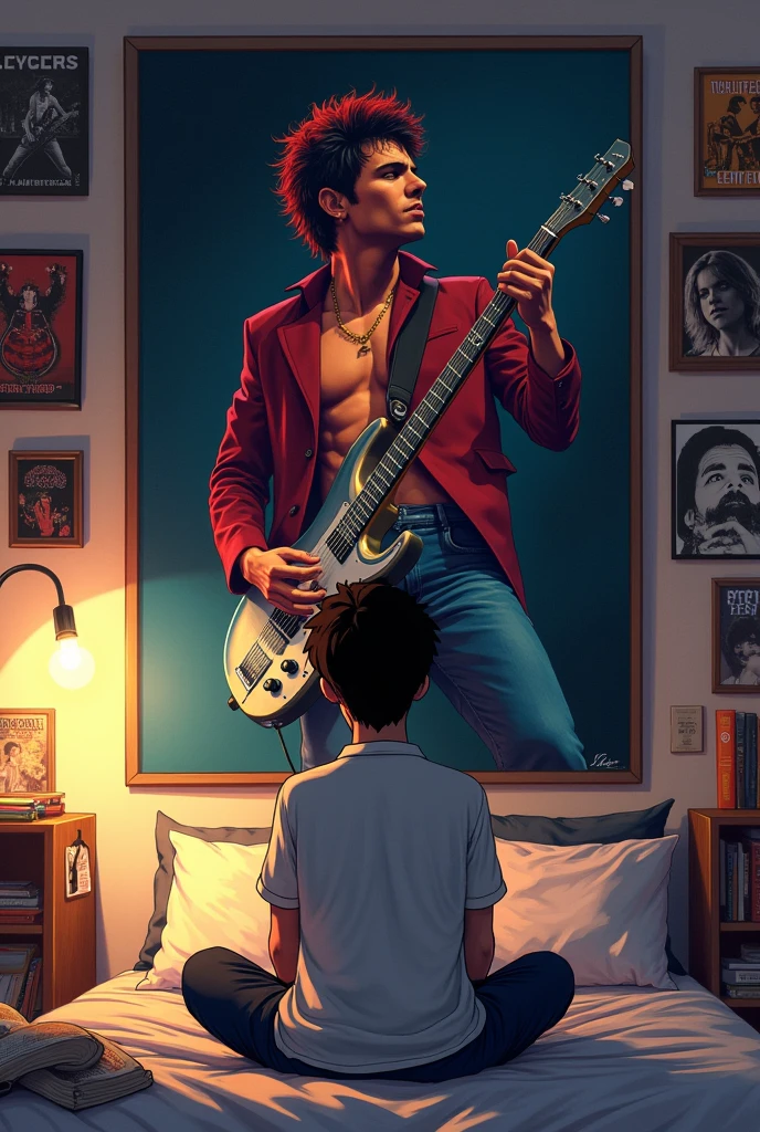 A nerdy boy with glasses and thin, beardless black hair, he is in his room, naked, he is holding a guitar, hyper-realistic, 8k, high quality, intricate details, cinematic composition, glowing skin, dramatic atmosphere, moody lighting , photorealistic, sexy pose, erotic, intimate and moody atmosphere