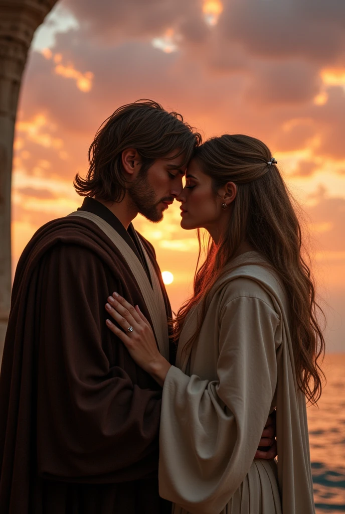 A nostalgic scene depicting the first love between Anakin Skywalker, portrayed by Hayden Christensen, and Padmé Amidala, played by Natalie Portman. The setting is a beautiful, serene environment reminiscent of the Star Wars universe, with a soft glow and romantic ambiance. Anakin and Padmé are sharing a tender moment, with emotions of love and longing evident on their faces. The sky is filled with warm colors, symbolizing their deep connection