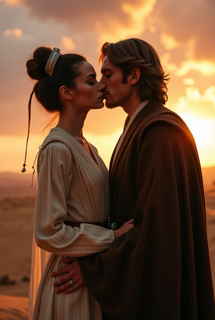 A nostalgic scene depicting the first love between Anakin Skywalker, portrayed by Hayden Christensen, and Padmé Amidala, played by Natalie Portman. The setting is a beautiful, serene environment reminiscent of the Star Wars universe, with a soft glow and romantic ambiance. Anakin and Padmé are sharing a tender moment, with emotions of love and longing evident on their faces. The sky is filled with warm colors, symbolizing their deep connection