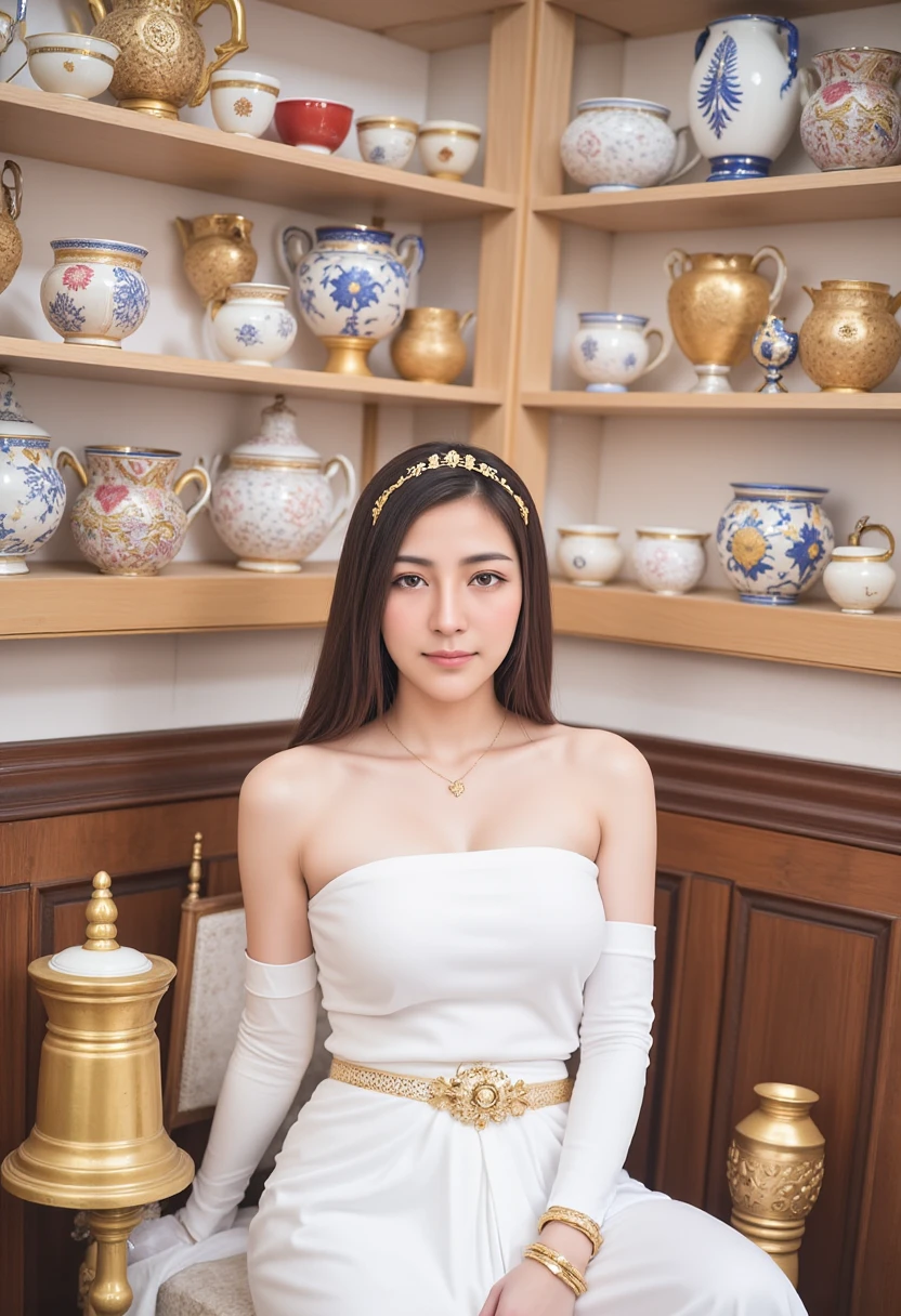 DecorativeLaiSenThai Pattern A 20-year-old Thai woman with neat hair tied up, a gold headdress, a happy smile on her face, a white tube top, a gold necklace, a white chong kraben, gold bracelets, no shoes, sitting for a photo in a room full of old Benjarong cups and bowls. Decorative and simple background