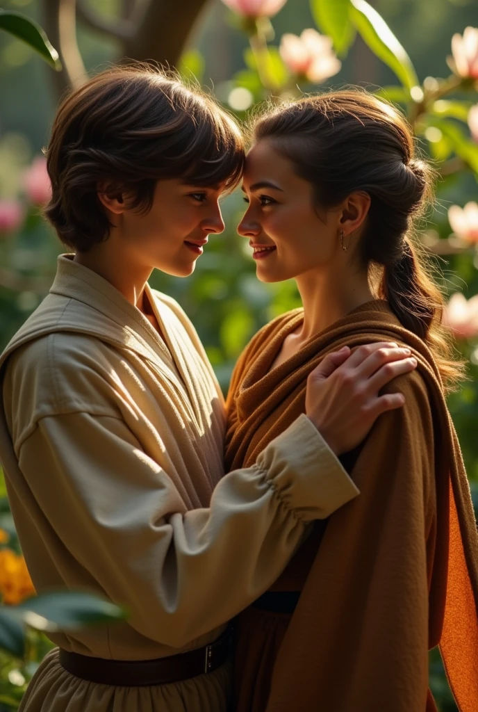 A nostalgic scene depicting the first love between Anakin Skywalker, portrayed by Hayden Christensen, and Padmé Amidala, played by Natalie Portman. The setting is a beautiful, serene environment reminiscent of the Star Wars universe, with a soft glow and romantic ambiance. Anakin and Padmé are sharing a tender moment, with emotions of love and longing evident on their faces. The sky is filled with warm colors, symbolizing their deep connection