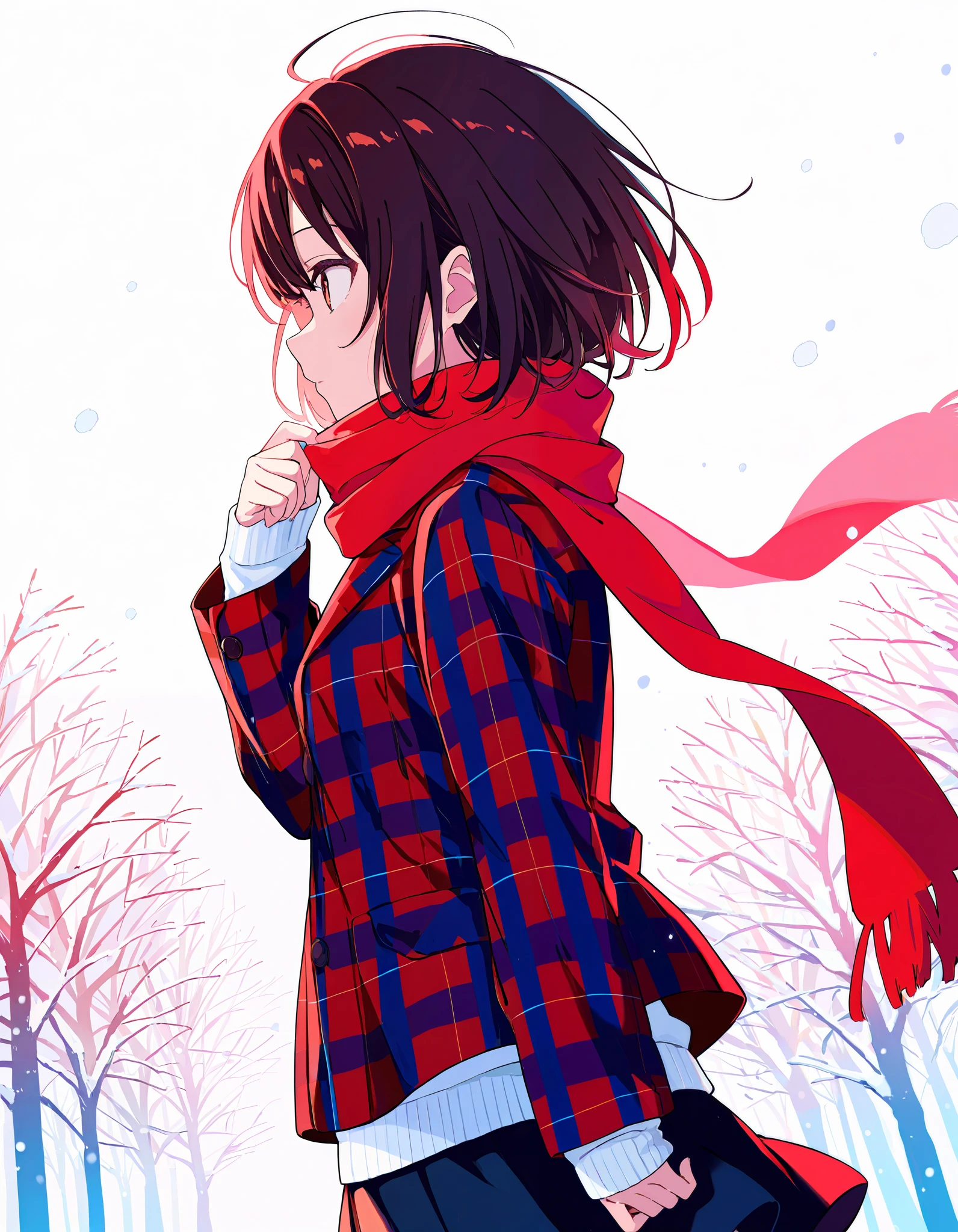 score_9, score_8_up, score_7_up,, solo, colorful, 1girl, jacket, long sleeves, plaid, plaid jacket, profile, scarf, silhouette, sleeves past wrists, snowing, short hair, hand up, red theme, skirt, solo, looking afar, from side, masterpiece, best quality, newest, very awa