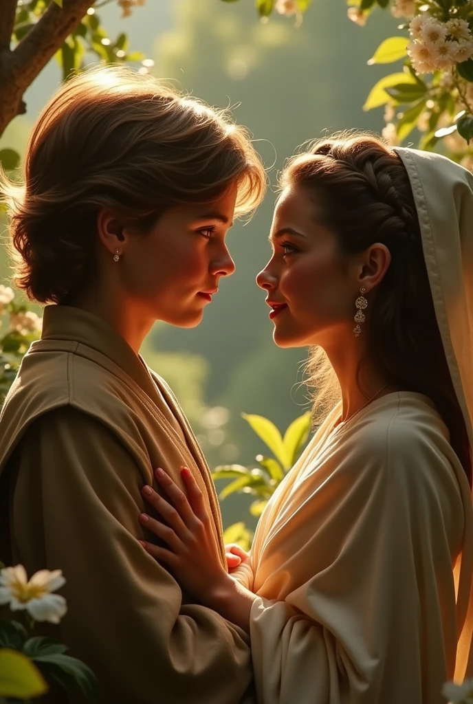 A nostalgic scene depicting the first love between Anakin Skywalker, portrayed by Hayden Christensen, and Padmé Amidala, played by Natalie Portman. The setting is a beautiful, serene environment reminiscent of the Star Wars universe, with a soft glow and romantic ambiance. Anakin and Padmé are sharing a tender moment, with emotions of love and longing evident on their faces. The sky is filled with warm colors, symbolizing their deep connection